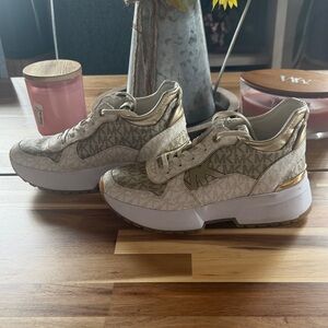 Michael Kors Cream and Gold MK Monogram Platform Sneakers